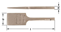 Two Images of a flat, pneumatic scaling chisel. Top image shows the horizontal profile.  Bottom image shows the full rectangular chisel head with ALBR AMPCO USA stamped on the blade. Chisel shank is square shaped with a notch near the end.